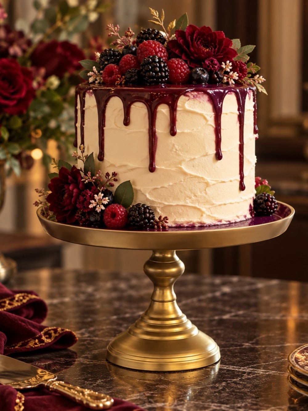 Heavy cast metal pedestal dessert/cake stand with an antique brass-toned finish